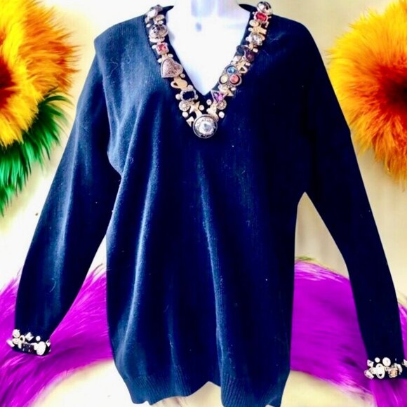 Jaxie's New York Vintage 80’s Embellished Black Sweater Womens Medium - Picture 2 of 14